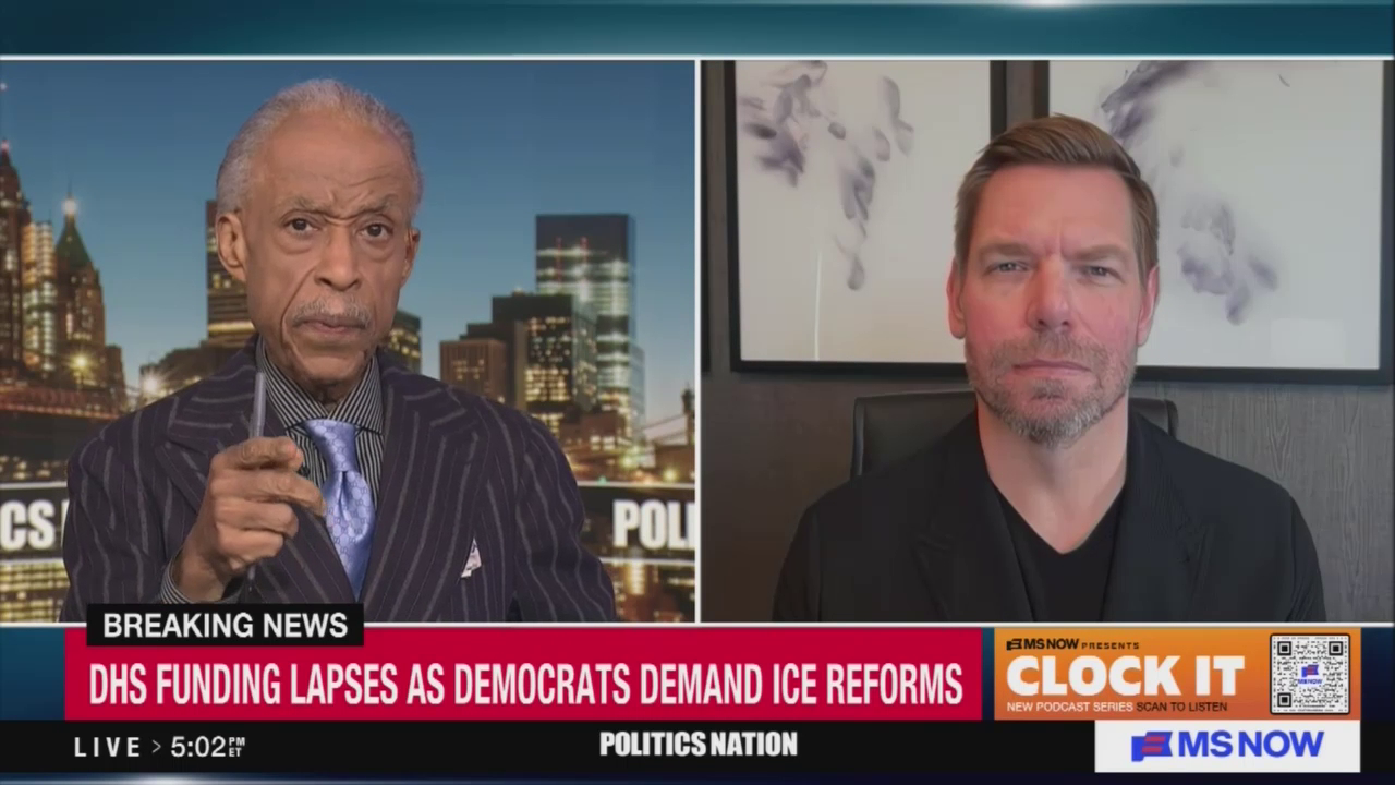 California Dem Rep Eric Swalwell Claims, 'The Bodies Are Piling Up.. ICE Needs To Go' As Host Al Sharpton Barley Bats An Eye On Saturday's 'Politics Nation' On MS NOW