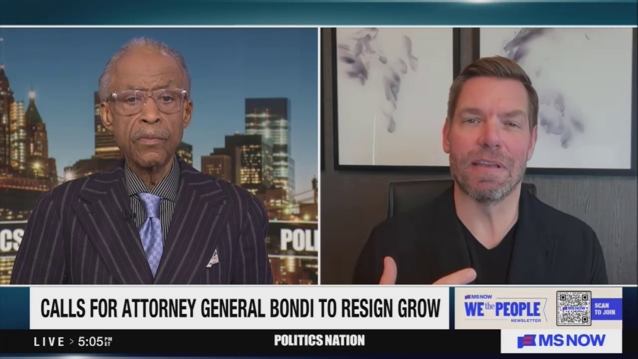 California Dem Rep Eric Swalwell Trashes ICE, Then Host Al Sharpton Turns To The Epstein Files, Where Swalwell Said He's The Dad Of A Little Girl. Hasn't ICE Taken Child Sex Offenders Off Our Streets? On Saturday's 'Politics Nation' On MS NOW